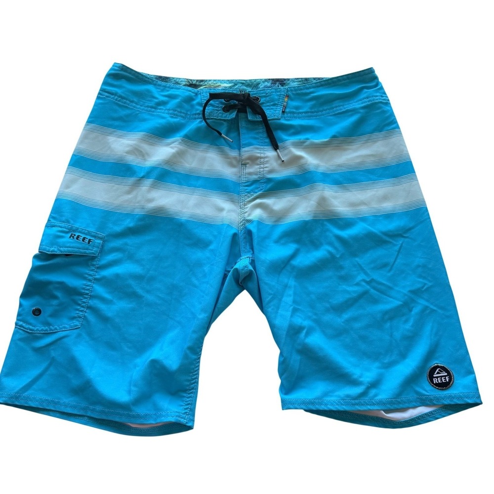 Reef Mens Striped Board Shorts 34 Blue Surf Swim Trunks Surf Vacation Reggae Y2k